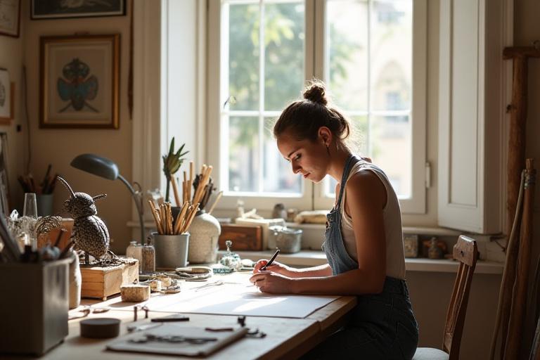 L'artista di Coleottero Creativo al lavoro nel suo luminoso studio di Roma, circondato da strumenti e opere.