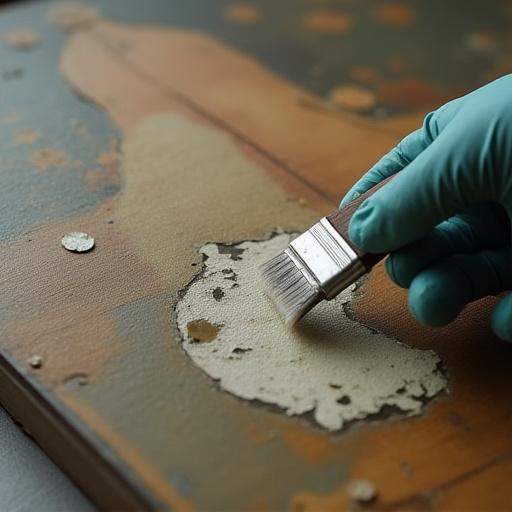 Particolare di un dipinto antico durante la fase di pulitura da parte di un restauratore.
